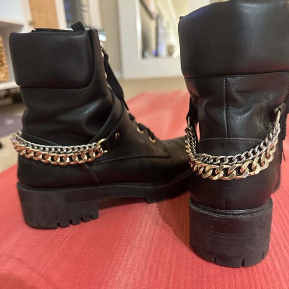 Shoes - Black Faux Leather combat boots with gold/silver chain!